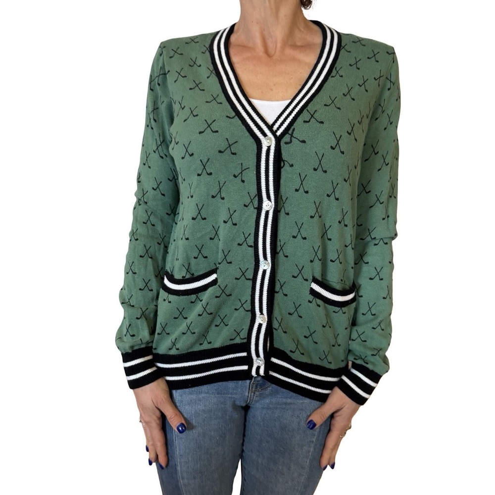 Minnie Rose Tennis Club Print Cardigan Sweater  Golf Green Cotton Cashmere S - Picture 7 of 15